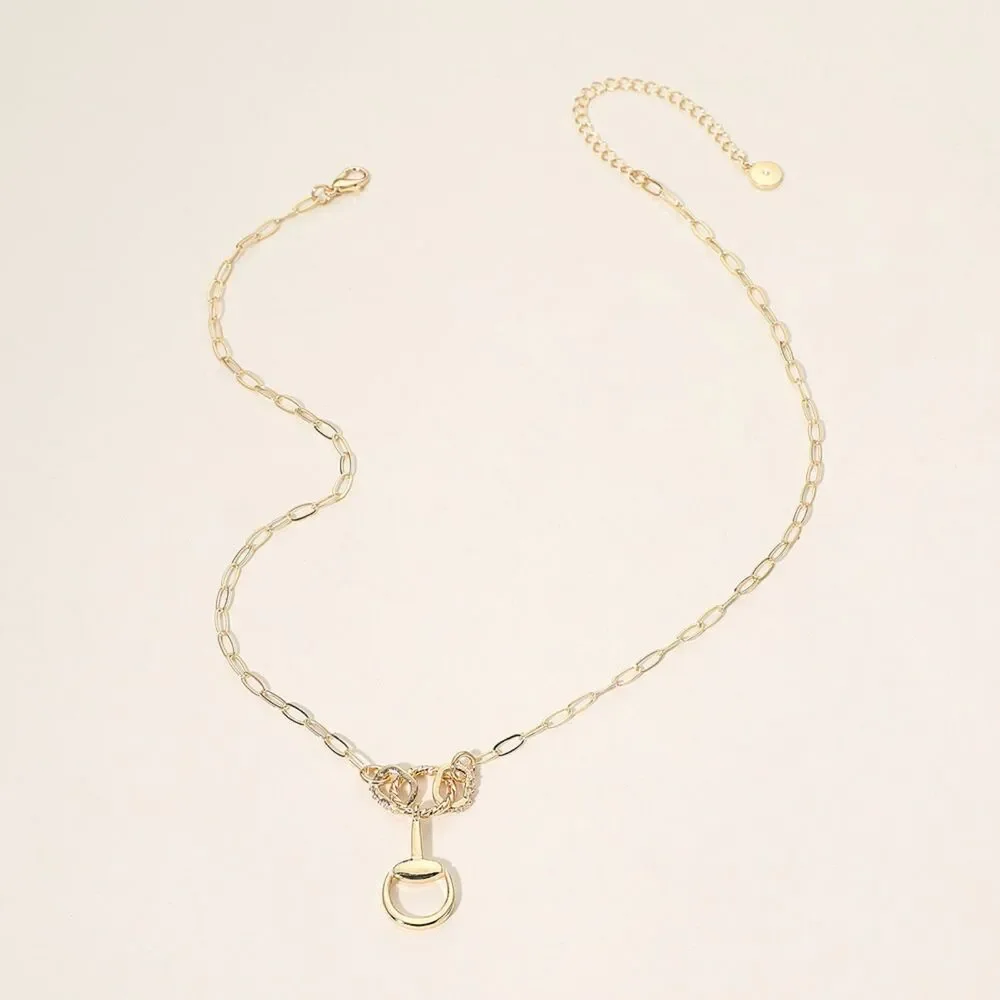 Gold Horsebit Charm Paperclip Link Chain Rhinestone Crystal Pendant Necklace